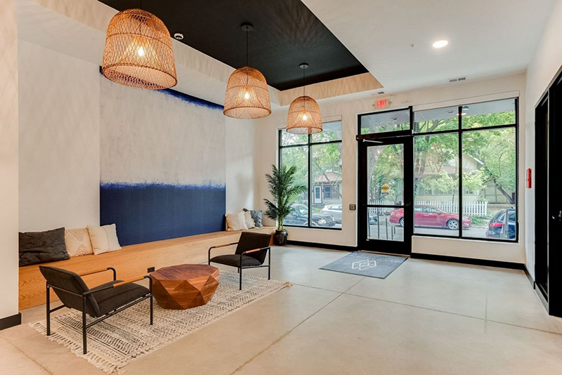 the lobby with lounging and seating areas